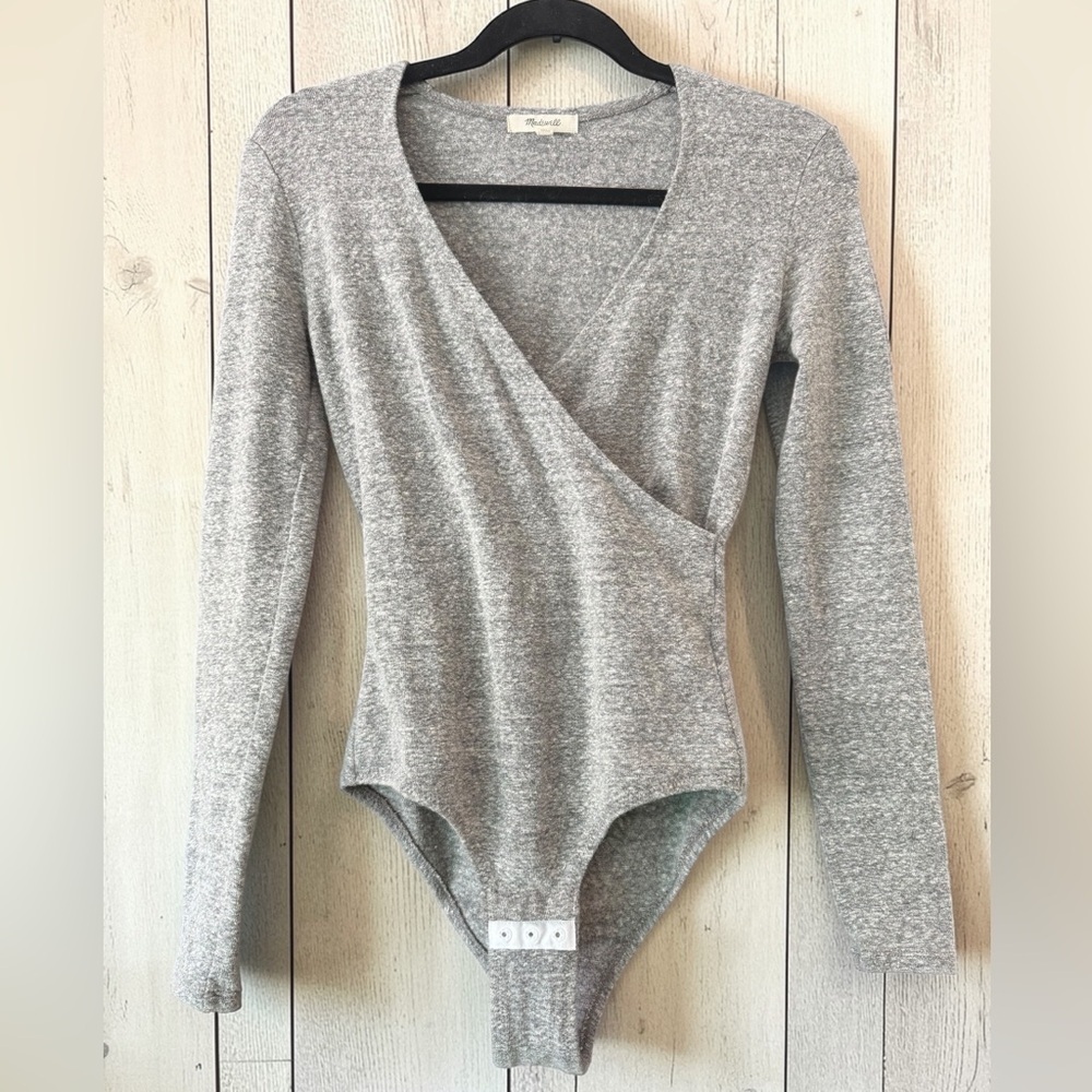 Madewell Light Heather Gray Wrap-Front Long Sleeve Bodysuit